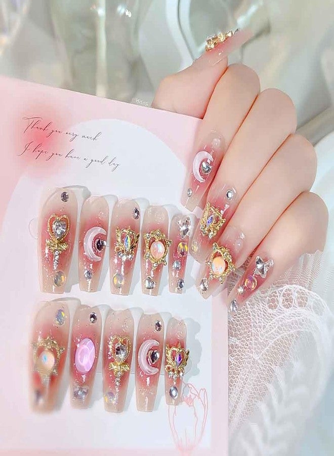 RikView Long Press on Nails Pink Fake Nails with 3D Design Coffin Nails Glossy Full Cover Nails for Women 24 PCs/Set - Image 1